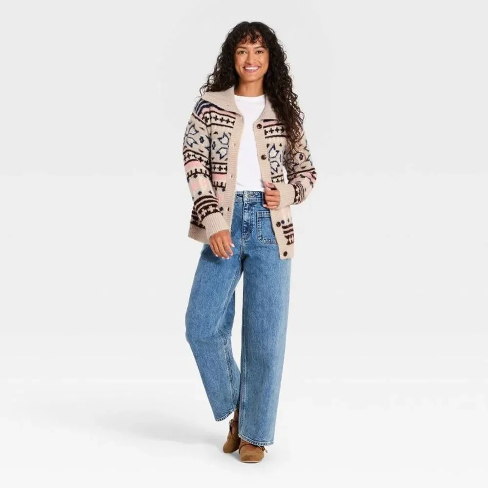 Women's Patterned Long Sleeve Cardigan - Universal Thread Tan S